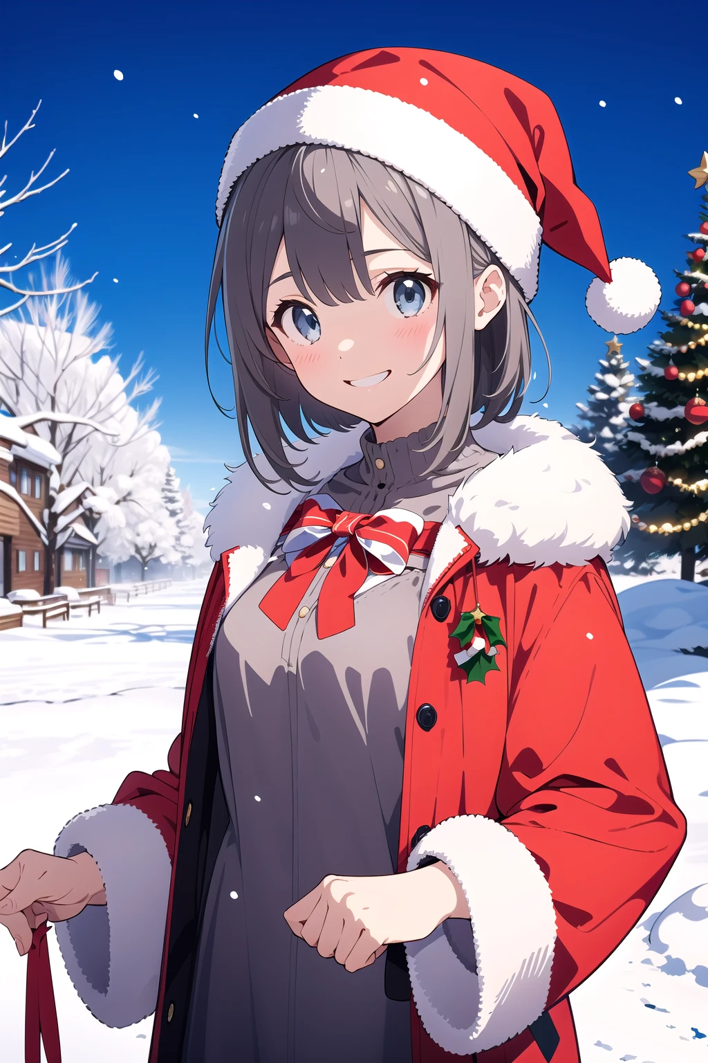 extremely detailed, detailed background, 1girl, solo, medium hair, grey hair, blue eye, small breasts, snow, christmas, santa costume, smile,