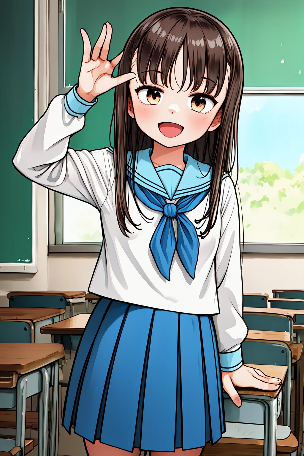 1girl, classroom, cowboy shot, standing, smile, open mouth, 
yuzuki_kaede, brown eyes, brown hair, long hair, school uniform, serafuku, white shirt, blue skirt, pleated skirt, <lora:yuzuki_kaede_lora_ver1:0.7>, best quality, masterpiece, highres, <lora:GoodHands-vanilla:1>