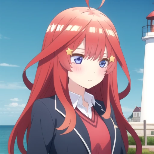 ((masterpiece)),(best quality),official art,extremely detailed CG,unity 8k wallpaper,ultra detailed,A lighthouse on a cliff by the sea,1girl,solo,upper body,(portrait:1.2),star_hair_ornament,star_\(symbol\),white_shirt,hair_ornament,red_hair,blue_eyes,green_skirt,long_hair,blue_jacket,pleated_skirt,blush,ahoge,bangs,school_uniform,red_sweater,open_clothes,blazer,long_sleeves,white socks,loafers,<lora:Nakano Itsuki(tqq)>,