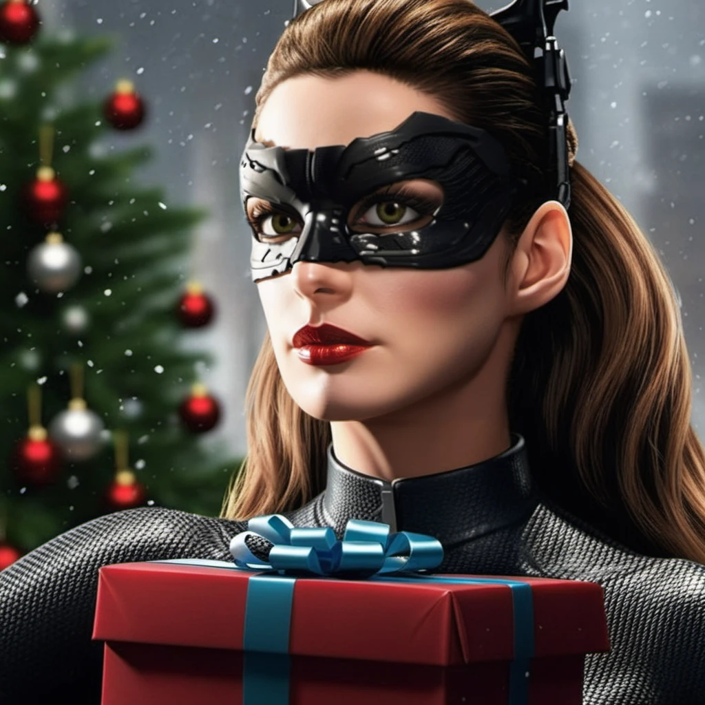 Catwoman2012-1024, a woman, christmas scenery, garlands, gifts, christmas tree, features intricate detail, detailed eyes, highly detailed, photography, ultra sharp, film, bokeh, professional, 4k <lora:Catwoman2012-1024:0.8>