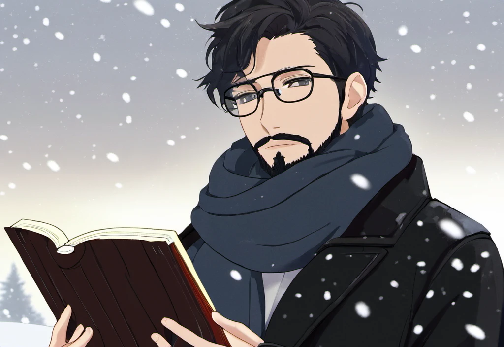 a man wearing glasses and a scarf, standing in front of a snowy background. He is holding a book in one hand and looking at it with a serious expression on his face. The man is wearing a black jacket and a white shirt, and his hair is messy and unkempt. The snowy background provides a contrast to the manâs dark clothing, making him stand out in the image, masterpiece, best quality, cinematic composition, best lighting, 1boy, male focus, solo, book, glasses, facial hair, holding book, holding, scarf, short hair, upper body, snowing, thick eyebrows, weapon, frown, weapon on back, sideburns, looking at viewer, closed mouth, beard, jacket, long sleeves