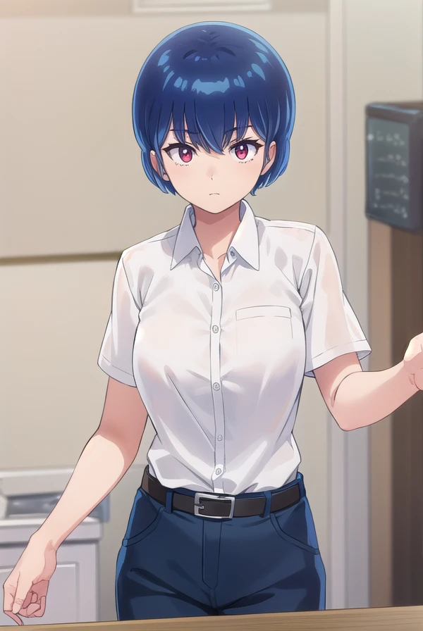 ryuunosukefujinami, <lora:ryuunosuke fujinami s1-lora-nochekaiser:1>,
ryuunosuke fujinami, short hair, blue hair, (red eyes:1.2),
BREAK shirt, school uniform, (white shirt:1.5), short sleeves, collared shirt, belt, pants,
BREAK indoors, classroom,
BREAK looking at viewer, (cowboy shot:1.5),
BREAK <lyco:GoodHands-beta2:1>, (masterpiece:1.2), best quality, high resolution, unity 8k wallpaper, (illustration:0.8), (beautiful detailed eyes:1.6), extremely detailed face, perfect lighting, extremely detailed CG, (perfect hands, perfect anatomy),