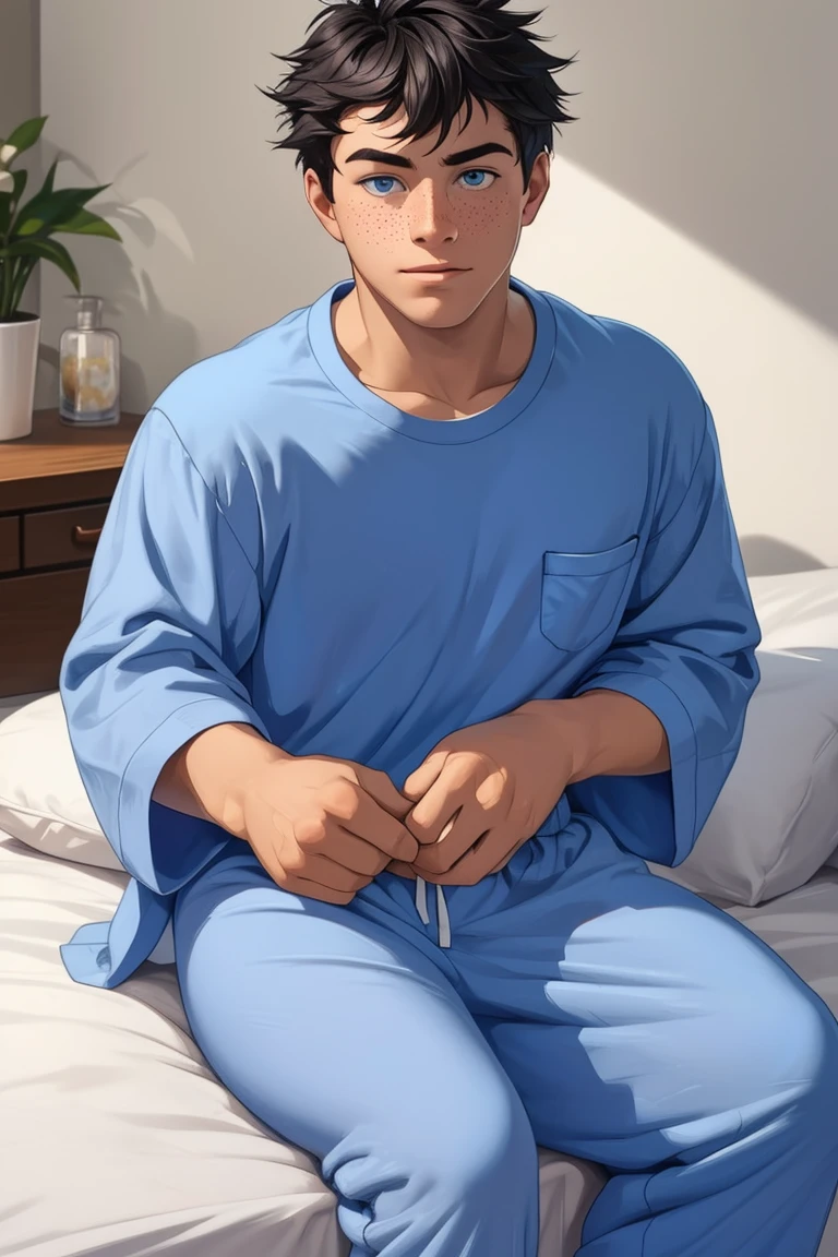 (masterpiece,  best quality:1.2),  man,  freckles,  muscular:1.2,  (depth of field:1.1),  short hair,  photo of person, hands on legs,  pajamas,  ((pajamas shirt,  pajamas pants)),  at bed,  sitting,  cowboy shot,  masterpiece,  highness,  perfect face,  perfect picture,  detailed eyes,  sharp focus, High detailed view, best quality,<lora:EMS-212786-EMS:1.000000>