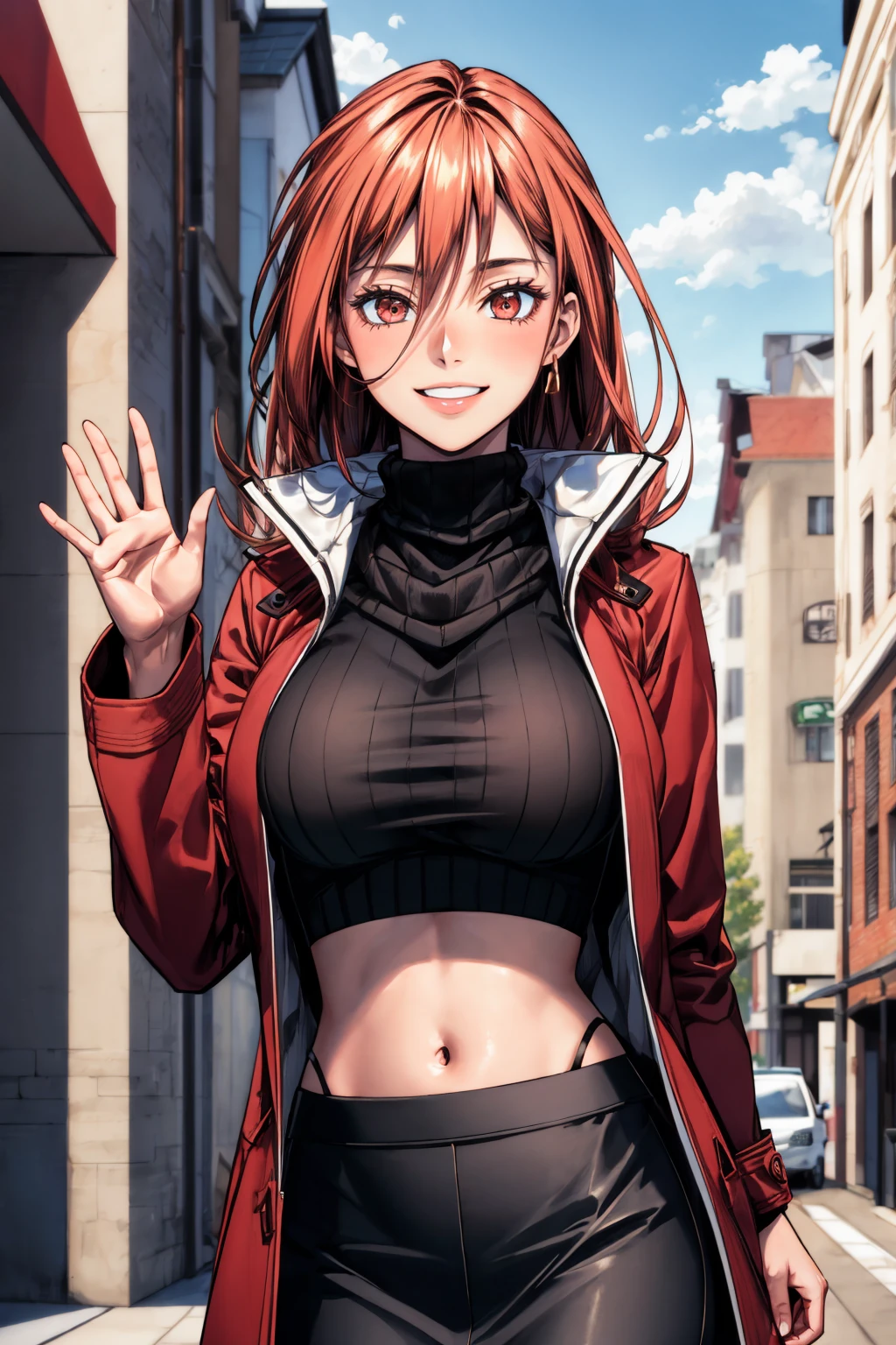 masterpiece, best quality, 1girl, solo <lora:jishuka-nvwls-v1-000008:0.8> jishuka, hair between eyes, red coat, black sweater, turtleneck sweater, midriff, black skirt, pencil skirt, city street, looking at viewer, large breasts, smile, waving