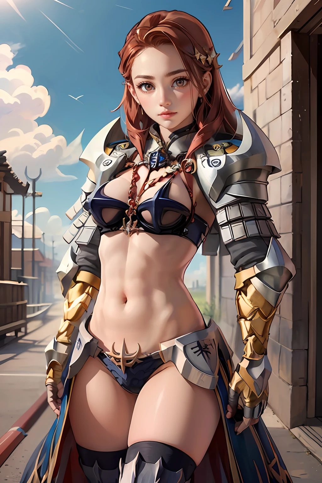 (masterpiece, best quality), 1girl, red hair, brown eyes, ragnarok_online_rg <lora:ragnarok_online_rg-10:1>, bikini armor, holding weapon, cowboy shot, looking at viewer,