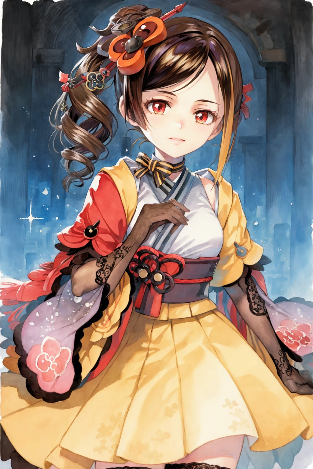 masterpiece, best quality,<lora:style19:1>,watercolor \(medium\), traditional media, 
 <lora:chiori:1>,chiori, 1girl, brown hair, drill hair, hair ornament,hair flower, flower, red eyes, elbow gloves,short sleeves,wide sleeves, japanese clothes, kimono, pleated skirt, dress,black thighhighs,