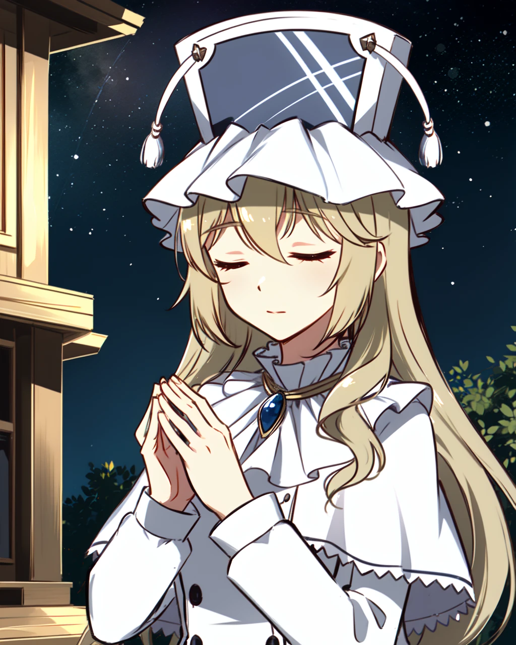 masterpiece, high quality, pmmmorikomagi, 1girl, eyes closed, blonde hair, long hair, white dress with long puffy skirt, decorative shield on skirt, medium shot, upper body, close shot, outdoors, shrine, night, sky, stars, shrine, praying, praying at shrine, detailed hands, high white hat with two tassels, long sleeves, shawl on shoulders, <lora:pmmmorikomagi_v2-000007:0.75>