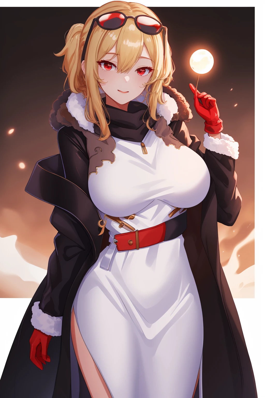 ((best quality)), absurdres, ((ultra high res)), kaela kovalskia, a woman in white dress and black coat, red eyes, blonde hair, gloves, extremely detailed, 8k, masterpiece, <lora:kaela-15:0.83>