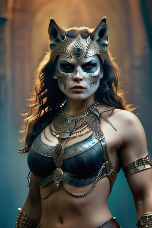 <lora:ChainHalterXL:1> ChainHalter, portrait of  female  warrior wearing a wolfhead mask,, (fierce:1.3) gaze, (wild:1.2) features, (armor-clad:1.1) attire,  (moonlit:1.2) background, (powerful:1.3) atmosphere, in the style of Brom , digital artwork, vibrant colors, trending on ArtStation, unique interpretation