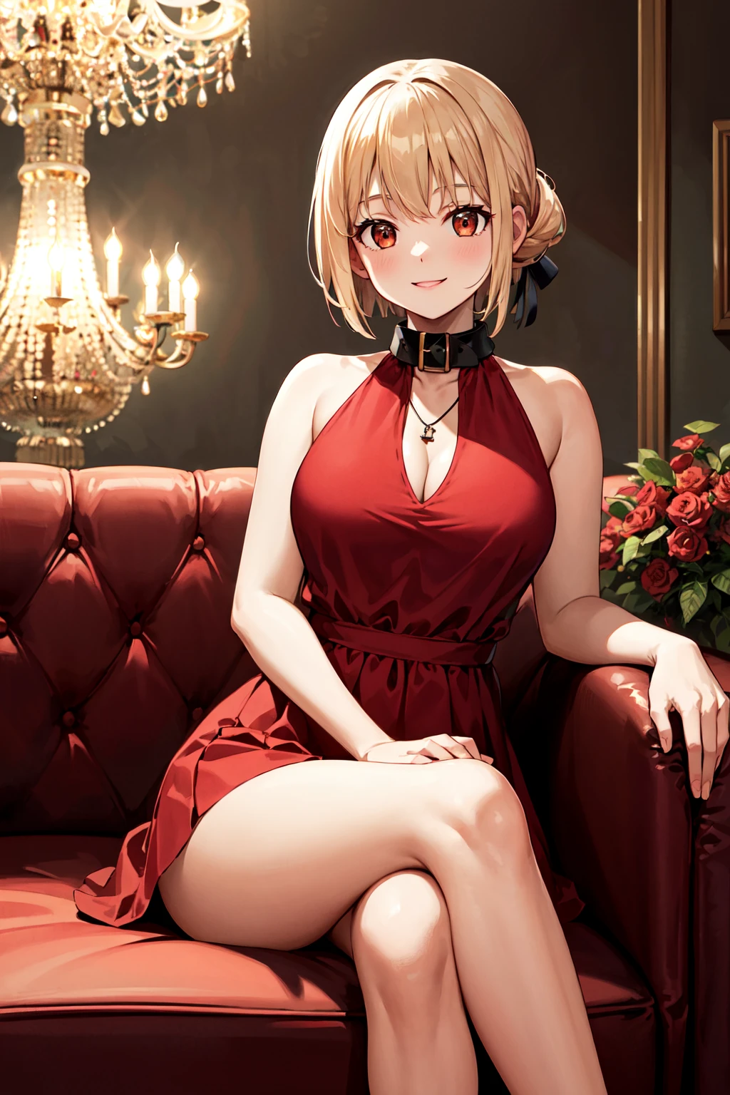 Blonde、short hair、Red eyes、necklace、Rose hair ornament、Pretty red outfit、Show whole body、skirt、one person、A relaxed smile、Casino or Bar、Big Breasts、(highest quality),(High resolution),(full intricate details),(Very high quality artwork),(Extremely detailed 8K CG),((Perfect piece) ), (((masterpiece)))、 Late teens、thin waist and limbs、sexy, erotic, 18+、NSFW、White mucus on the skin、Spread your legs、Exposed genitals、White mucus coming out of the genitals、Sweat:1.5、