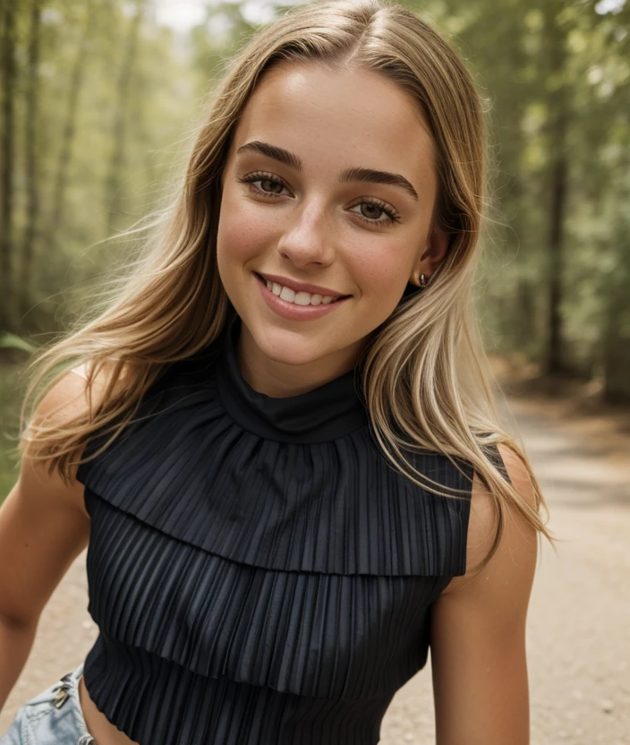 0l1d7, (Boatneck Top, Pleated Shorts), (closeup portrait), nature, smile