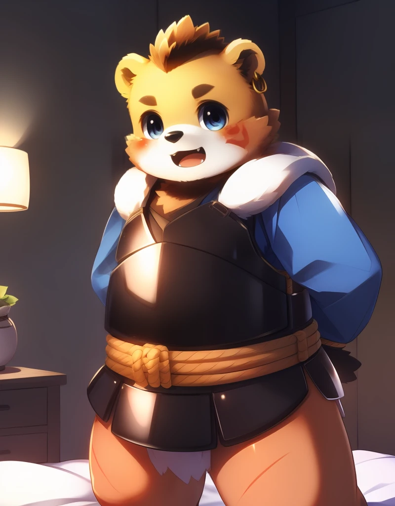 (((detailed eyes, detailed face))), (bara, oosumi <lora:character_oosumi_findigo_v2:1>, bear, facial mark, tattoo on face, earring, black eyes), male, (solo), (plump, fat, chubby, overweight), (black armor, japanese armor, blue sleeves, long sleeves, rope belt), standing, (arms behind back), smile BREAK (konzaburou, ukan_muri, cute), bedroom, (soft shading), 8k, UHD, masterpiece, (full body)