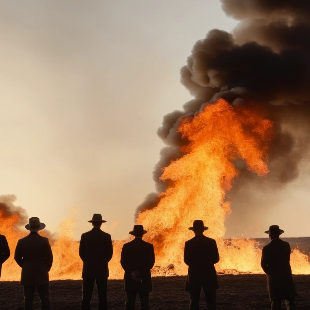 <lora:Kodak Motion Picture Film:1.2> (Sharp Detailed Image)
An Oscar winning movie for Best Cinematography a group of Silhouette people standing around a big fire and smoke above in sky Kodak Motion Picture Film Style