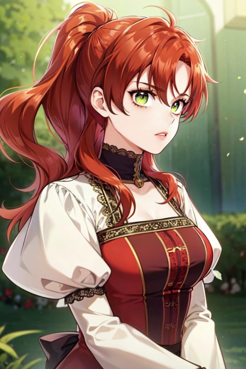 <lora:robelia:0.8> robelia , 1girl, solo, red hair, ponytail, long hair, green eyes, dress, mature female, looking at viewer, facing viewer, upper body,