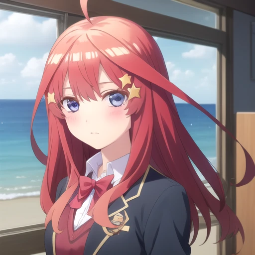 ((masterpiece)),(best quality),official art,extremely detailed CG,unity 8k wallpaper,ultra detailed,A lighthouse on a cliff by the sea,1girl,solo,upper body,(portrait:1.2),star_hair_ornament,star_\(symbol\),white_shirt,hair_ornament,looking_at_viewer,red_hair,blue_eyes,green_skirt,long_hair,blue_jacket,pleated_skirt,blush,ahoge,bangs,school_uniform,red_sweater,open_clothes,blazer,long_sleeves,white socks,loafers,<lora:Nakano Itsuki(tqq)>,
