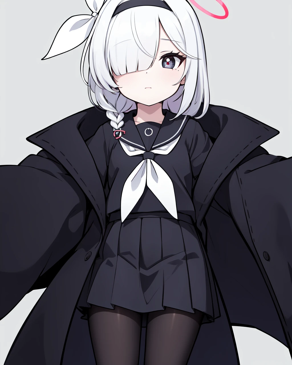anime style girl 1,70 long light gray hair gray skin shark teeth and gray eyes and light gray pupils very thick and strong legs thick thighs, but without breasts (it&#39;s flat chest) posing to see her clothes in a classroom while wearing a very long black hooded cape that trails on the ground with the hood up a black full body leotard a short black schort with black boots  