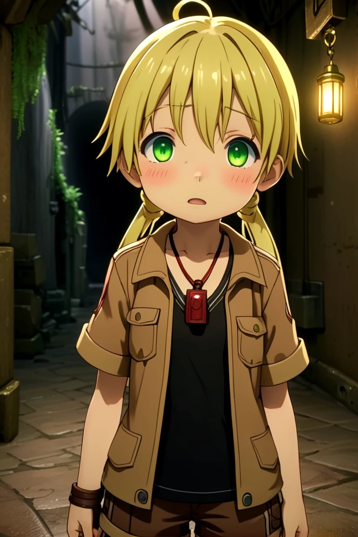 <lora:rikosdxl-000026:0.6>
a 10-year-old girl, riko,
she has blonde hair.
(green eye color), twintails
black shirt,
she is wearing a brown short-sleeved jacket,
(red whistle:1.2) as a pendant,
draw it in the style of made in abyss,
The soft lighting and detailed surroundings create an immersive environment where imagination runs wild
high quality visuals, dim Lighting, sharply focused, octane render, 8k UHD