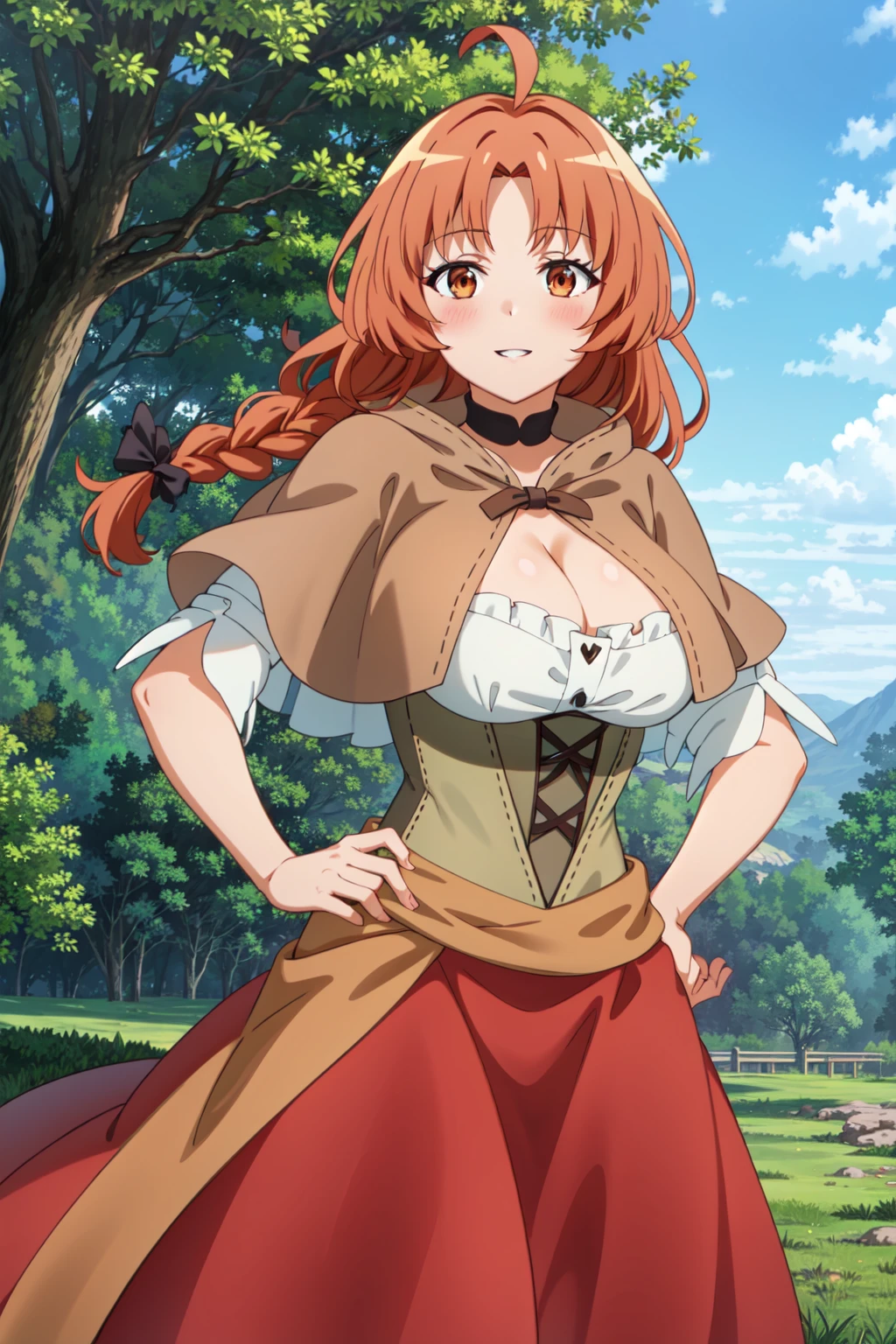 <lora:malika-09:0.8> malika_wz,( capelet:1.2), orange eyes, long hair, braid, orange hair, hair bow, ahoge, blue bow, choker, cleavage, dress, dirndl, choker, large breasts, bangs, german clothes, corset, looking at viewer, cowboy shot, standing, hand on hip, wide hip, tree, grass, wind, nature, plant, flower, blue sky, smile, parted lips, light blush, 1girl, (masterpiece), high quality, highres, absurdres, solo