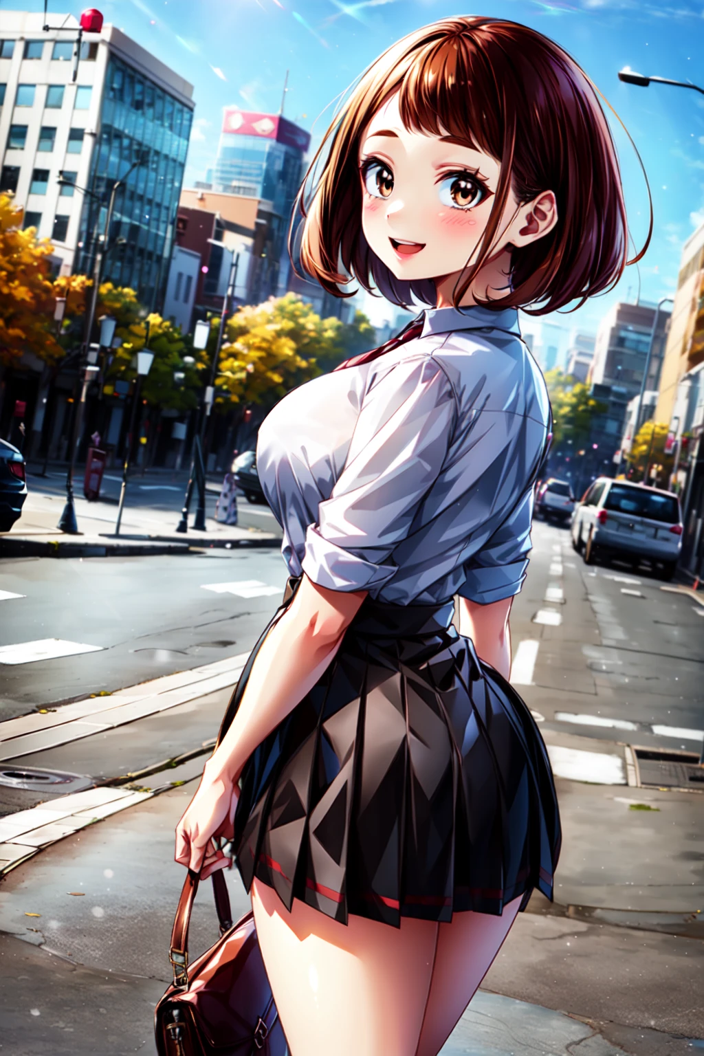 (best quality:1.2), 1girl, (masterpiece:1.2), raytracing, cute face, perfect face, ultra detailed,detailed face, 8k wallpaper, wide hips, <lora:more_details:0.4>, <lora:UrarakaOchako_NDV:0.7>, UrarakaOchako_NDV, 1girl, brown eyes, brown hair, large breasts, short hair, blush stickers, standing, outdoor, city, smile, open mouth, school uniform, skirt, shirt, tie, from behind