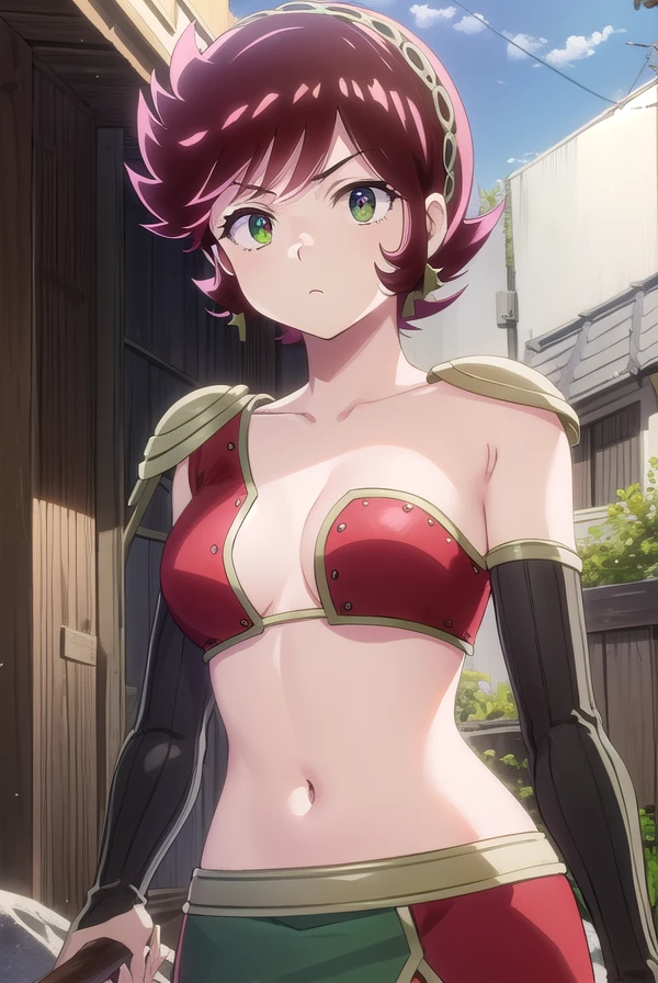 uruseiyatsurabenten, <lora:urusei yatsura benten s1-lora-nochekaiser:1>,
benten, short hair, (green eyes:1.5), red hair, hairband,
BREAK armor, bikini armor,
BREAK outdoors,
BREAK looking at viewer, (cowboy shot:1.5),
BREAK <lyco:GoodHands-beta2:1>, (masterpiece:1.2), best quality, high resolution, unity 8k wallpaper, (illustration:0.8), (beautiful detailed eyes:1.6), extremely detailed face, perfect lighting, extremely detailed CG, (perfect hands, perfect anatomy),