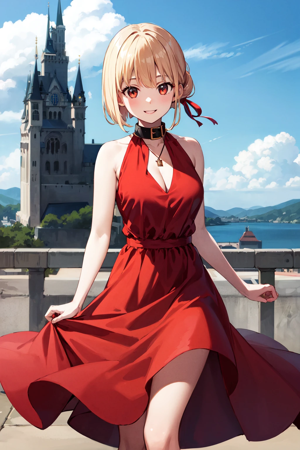 masterpiece, best quality, highres, bbchisato, short hair, hair ribbon, medium breasts, collar, necklace, jewelry, halterneck, cleavage, red dress, sleeveless dress, <lora:nishikigi_chisato_v1:0.7>, smile, castle, wind, standing