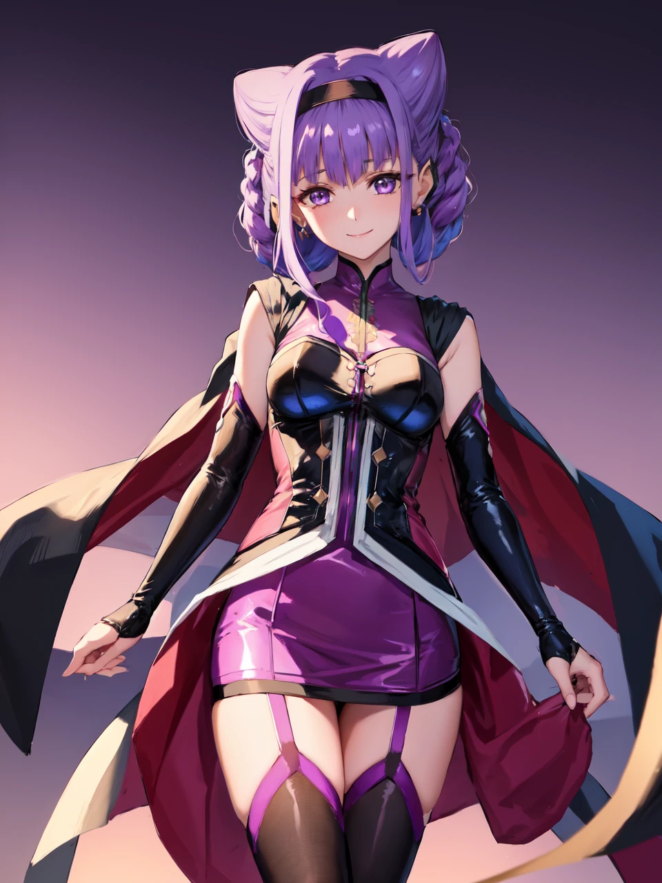 masterpiece, best quality, looking at viewer, depth of field, standing, full body,
1girl, <lora:locon_criasu_ruru_01:0.95>, criasu ruru, cone hair bun, braid, purple hairband, elbow gloves, detached sleeves, black cape, black thighhighs, garter straps, purple pencil skirt, emotionless, expressionless,
smile, ((gradient background)), lens flare,