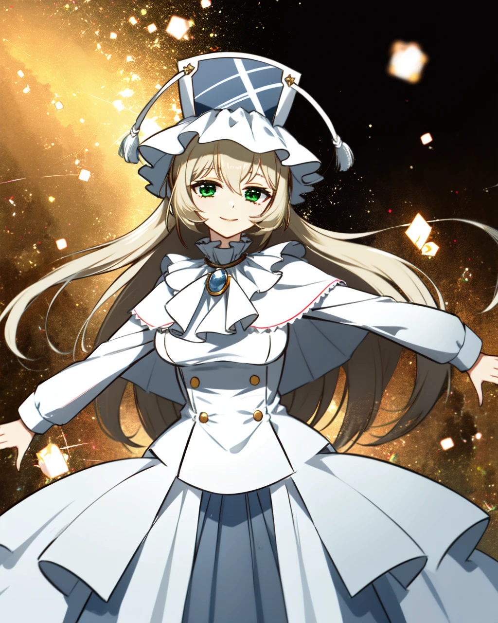 masterpiece, high quality, pmmmorikomagi, 1girl, green eyes, blonde hair, long hair, white dress with long puffy skirt, medium shot, upper body, sparks, spark in hand, abstract background, detailed hands, high white hat with two tassels, long sleeves, shawl on shoulders, detailed hands, (dynamic shot), looking at viewer, light smile, dancing, colorful, <lora:pmmmorikomagi_v2-000007:0.8>