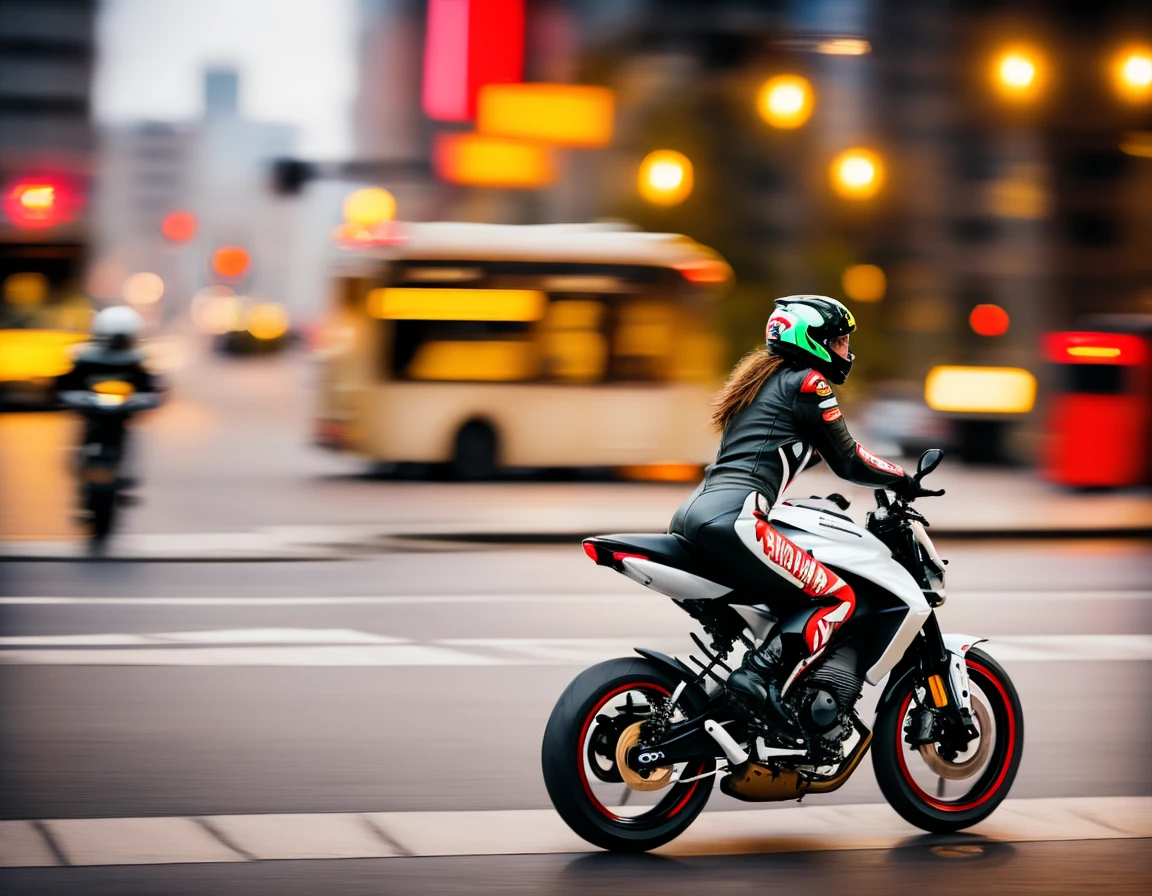 woman in motorbike running on city street,  kkw-fx-panning, <lora:kkw-fx-panning-v1.0a:1>, <lora:kkw-better-v1.0a:0.38>, kkw-ph-1