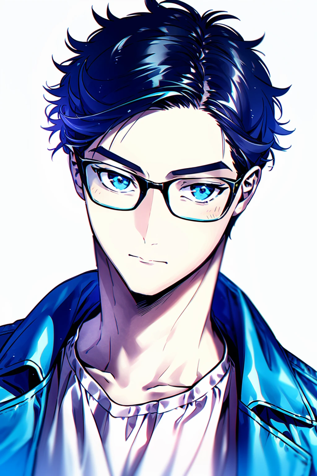 masterpiece, best quality, <lora:fstyle01-000010:1>,male focus, 1boy, solo, black hair, blue eyes, glasses, white background, blue jacket, jacket, simple background, upper body, looking at viewer, short hair, blue-framed eyewear, closed mouth, shirt, expressionless, sweater, bangs