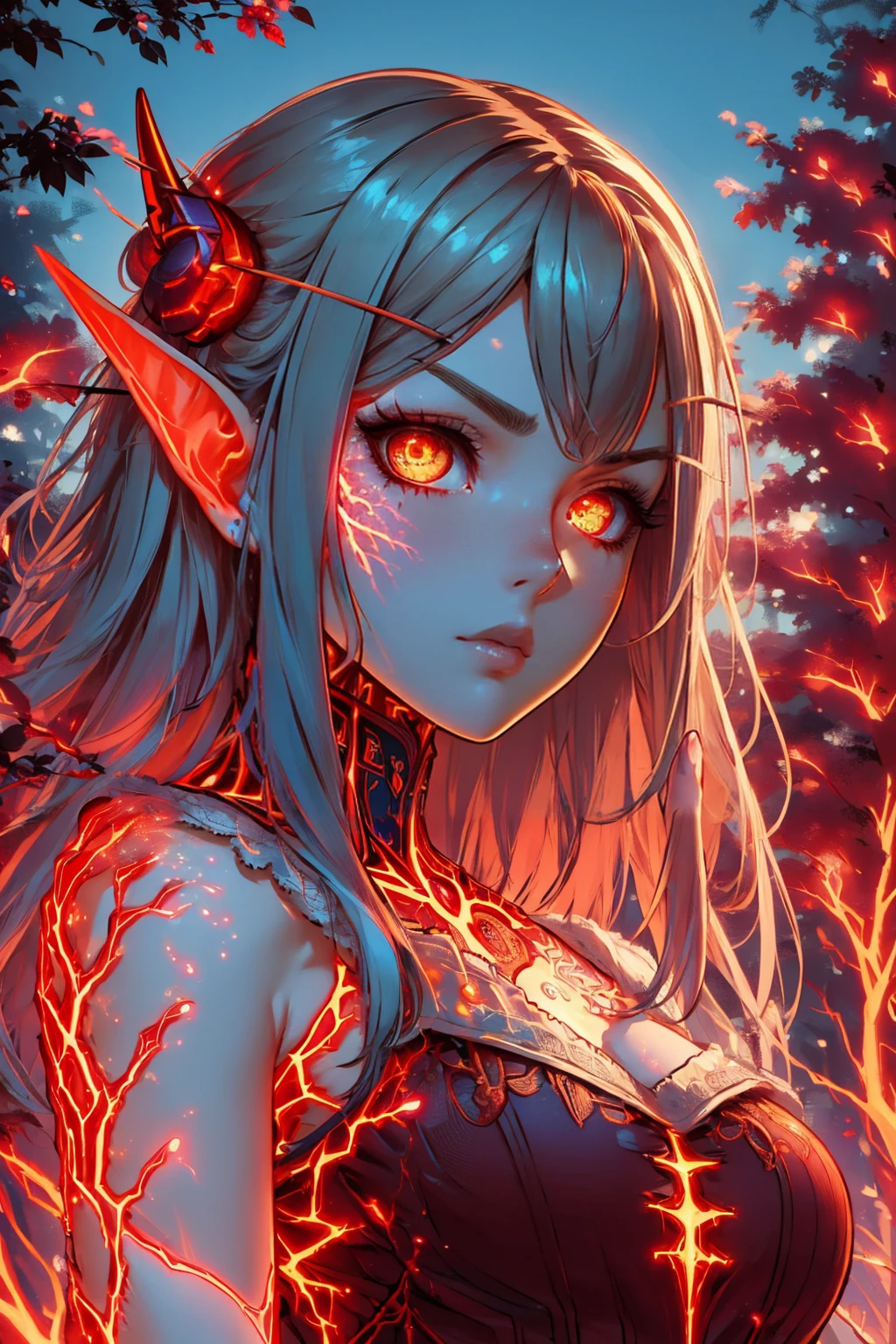 masterpiece, best quality, <lora:glowingveins-nvwls-v1-000012:1> 1girl, glowingveins, red theme, glowing veins <lora:bloodelf-warcraft-richy-v1:0.8> bldelf, glowing eyes, colored sclera, forest, red sky, furrowed brow, from below, looking at viewer