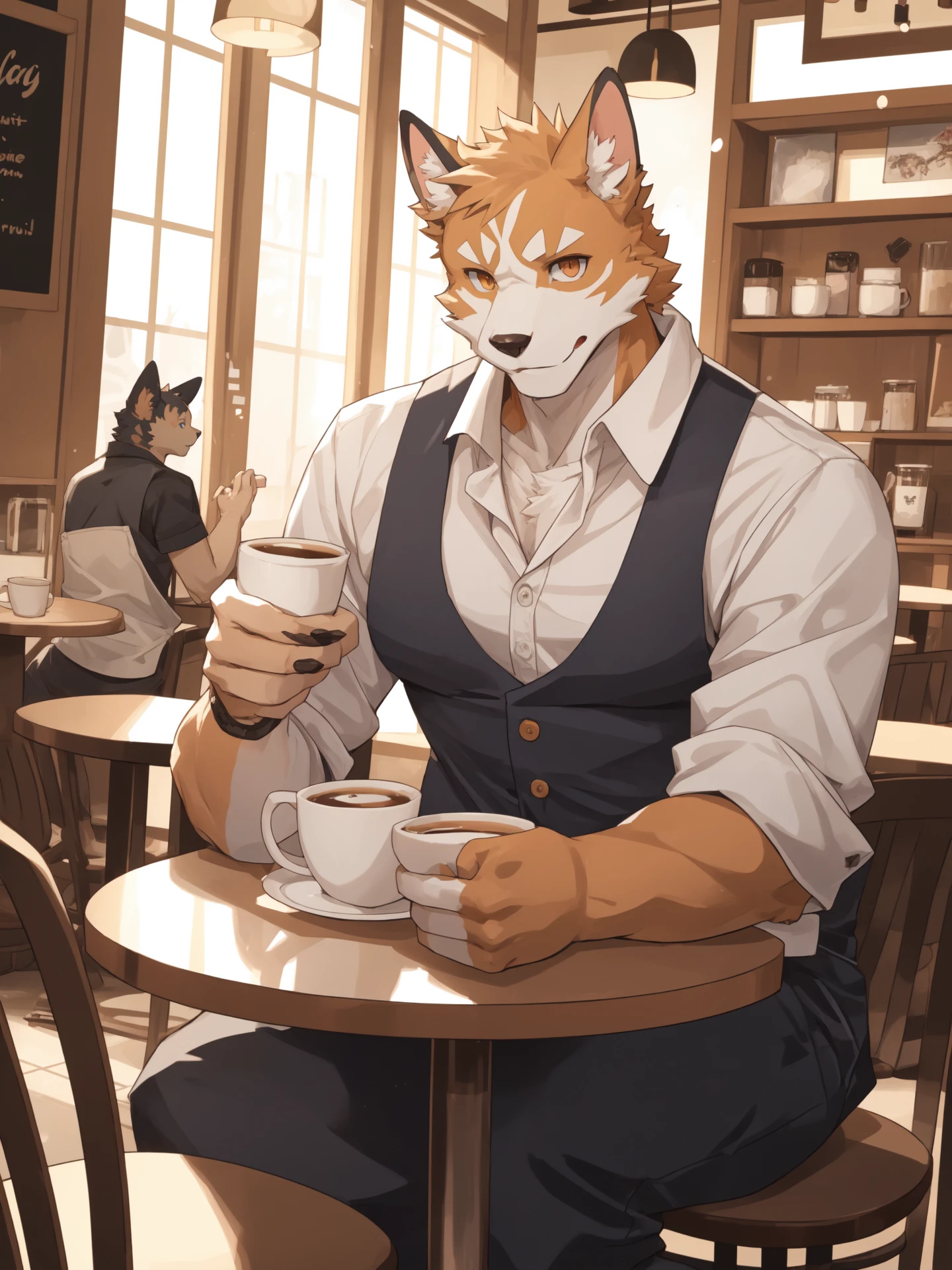 calico cat, cafe, coffee, by littleblackalas <lora:littleblackalasv2:1>