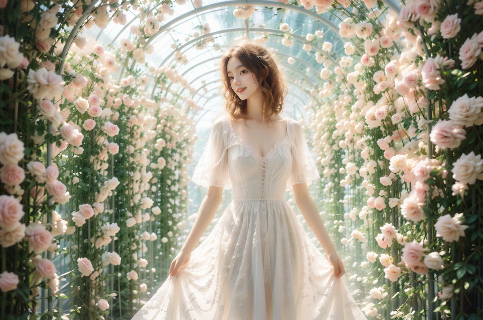 photography,(a holy and beautiful girl:1.2),(wife:1.3),(goddess:1.2),(wearing a white wedding dress:1.2),(dance:1.3),(elegant:1.1),(sheer texture:1.1),(pygal:1.2),(cleavage:1.1),(bustle:1.1),(headdress:1.1),marry,happiness,
<lora:Flower Tunnel_20231201005206-000018:0.76>,Flower Tunnel,(pink atmosphere:1.1),(brilliant roses:1.2),(rim light:1.1),<lora:è±ç°é_v1.0:0.5>,<lora:æ³å:0.4>,<lora:duobabaè²å½©çå¼¹:0.5>,, (masterpiece:1,2), best quality, masterpiece, highres, original, extremely detailed wallpaper, perfect lighting,(extremely detailed CG:1.2ï¼