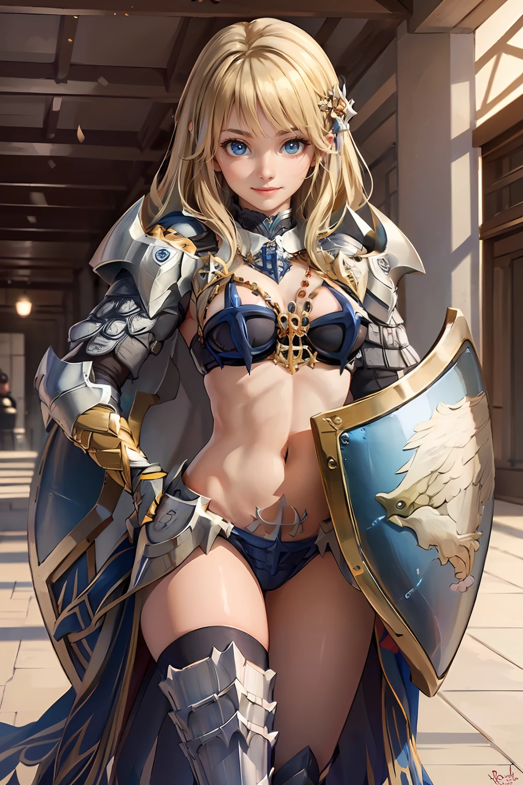 (masterpiece, best quality), 1girl, blonde hair, blue eyes, smile, ragnarok_online_rg <lora:ragnarok_online_rg-10:1>, medium shot, looking at viewer, bikini armor, holding shield, shield, royal capital, outdoor,