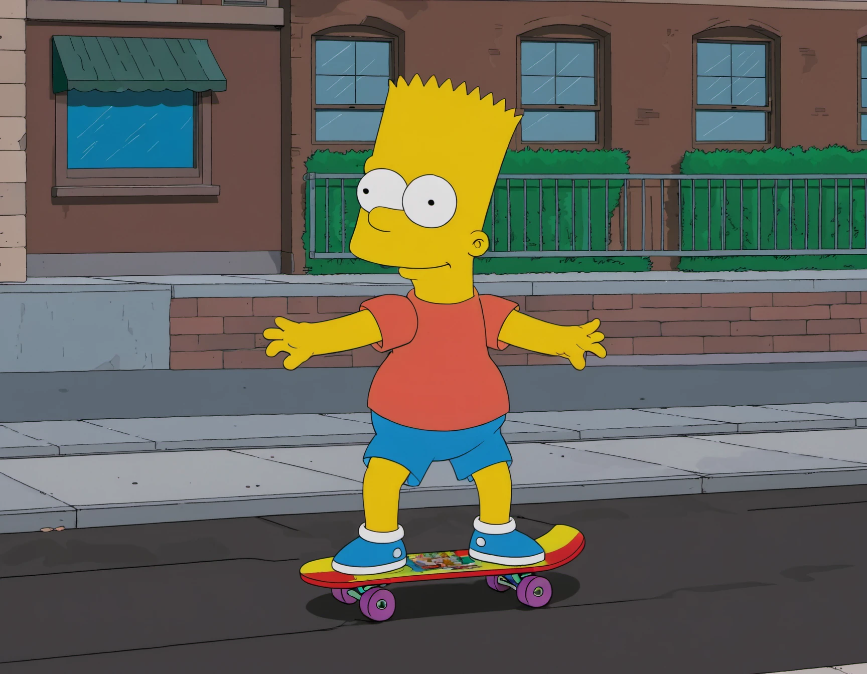 1boy,solo,bart simpson,
skateboarding,from side,outstretched arms,squatting,smile,(looking to the side:1.2),
t-shirt,shorts,shoes,
detailed background,city street,
<lora:bart_simpson_sdxl_v1:0.7>,