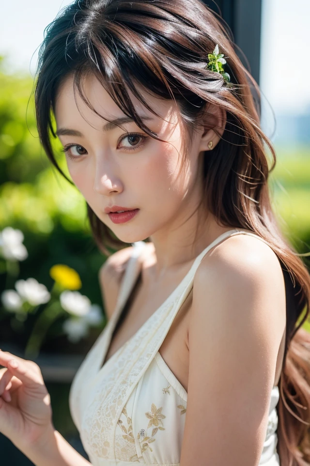 A beautiful Asian girl with a soft smile, hair rings, white skin, smooth skin, medium breasts size, wearing silk vest, necklace, at the little home, close-up, lens flare, Fujicolor, UHD, anatomically correct