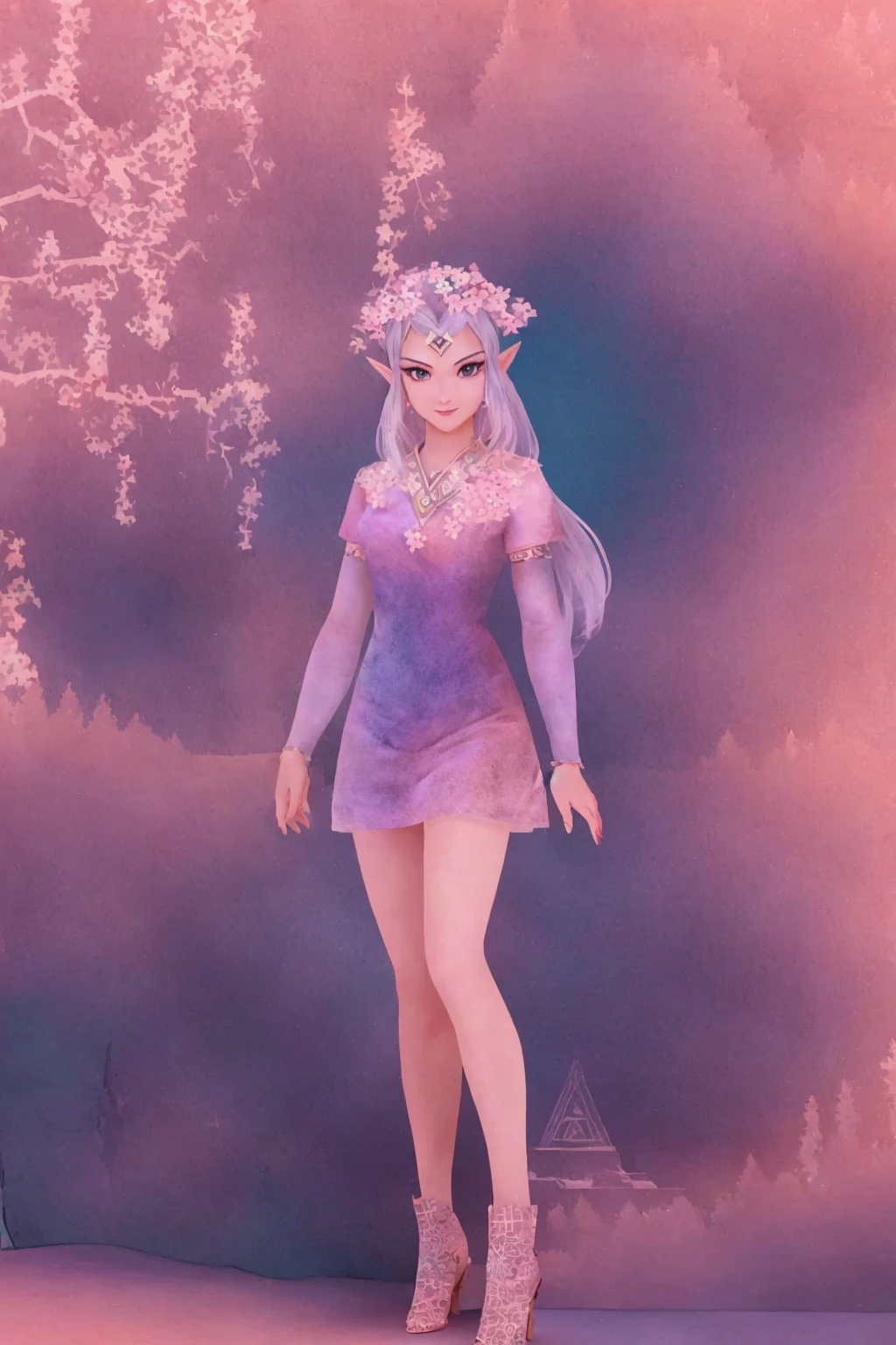 masterpiece, ultra-detailed, best quality, illustration, 8k cg wallpaper, an extremely delicate and beautiful, 1girl, Princess Zelda /(The Legend of Zelda/), solo, perfect anatomy, smiling, blushing, perfect arms, perfect hands, perfect fingers, perfect legs, cute, pretty, beautiful, sexy, perfect body, (background: flowery field, grass, trees, flowers, ruins, intricately detailed items in background), <lora:Tengami:1>