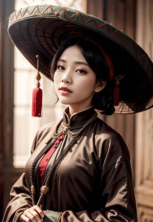 1 girl,18 century, ao dai,1 tone outfit, dark color, UHD, 4k, big hat, vintage, still life 