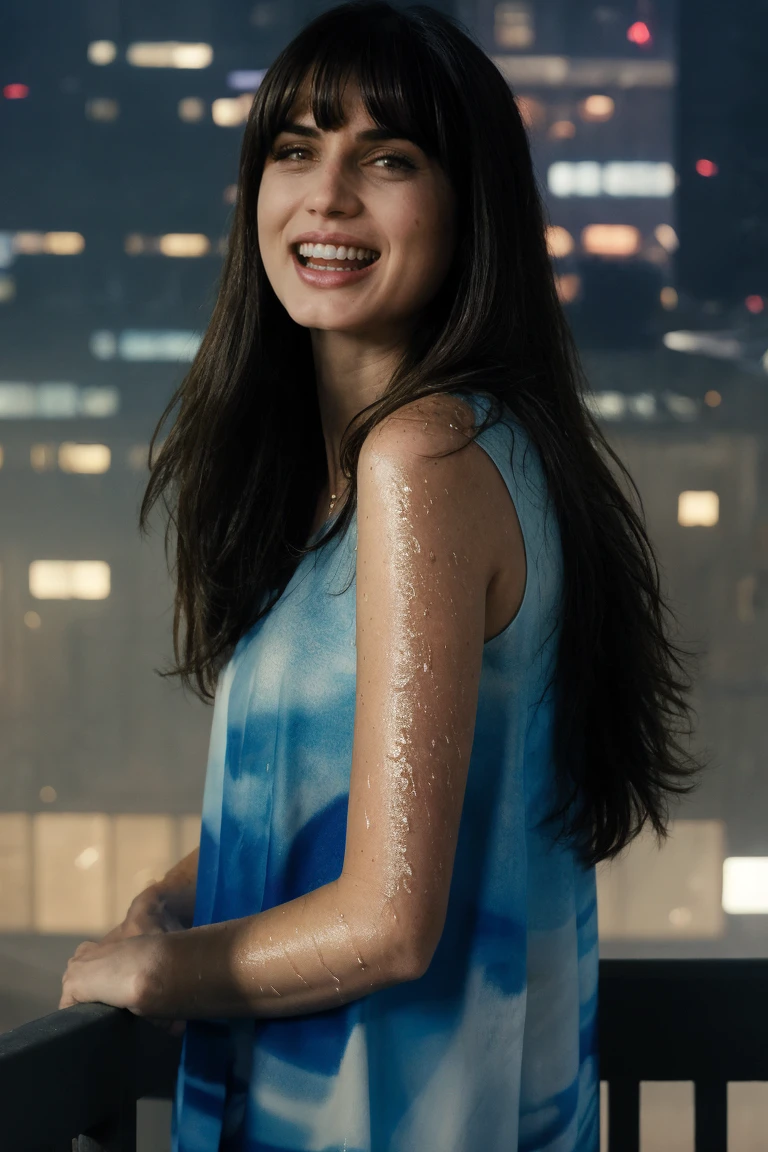 headshot, woman in a blue dress, long hair with bangs, laughing, at a balcony, rainy, wet, at night, soft colors, bokeh, masterpiece, high quality, (high detailed skin:1.1)
<lora:joi_br2049_lora_v02:1> joi