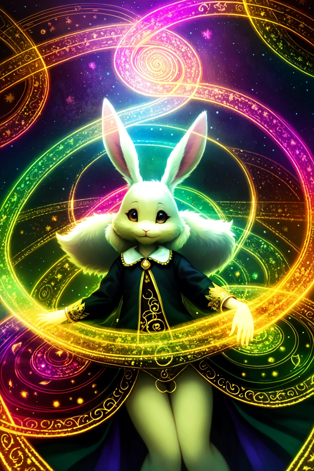 (Solo:1.2), haru floating, furry female anthro, rabbit girl, white fur, petite, (body fur:1.2), detailed fluffy fur, smile, black eyes, (chibi:0.9), many rings, cute, adorable, (shirt), (lamia:1.1), cute round face,
best quality, masterpiece, illustration, ultra-detailed, beautiful detailed eyes, (1girl:1.3),
magician, enchanting spell, high-angle view, magical forest, otherworldly beauty, casting pose, invocation effects, soft and ethereal light, fantastical atmosphere, mystical creatures, empowering allies, enhancing abilities, elemental magic, swirling energy, pulsating aura, determination, support, vibrant colors, glowing runes, levitating, swirling leaves, teamwork, magical bonds, protective shield, guiding light, shimmering particles, enchanted surroundings, harmony with nature, hope, wisdom, ancient secrets, celestial beings, arcane knowledge, mystic symbols, spellcasting, elemental forces,
black and gold patterns,
([Dark], extreme contrast, extreme vibrance),
vibrant colors, contrast,
soft lighting, soft shadows, detailed textures, dynamic lighting,
<lyco:haru-v1-locon:0.6>