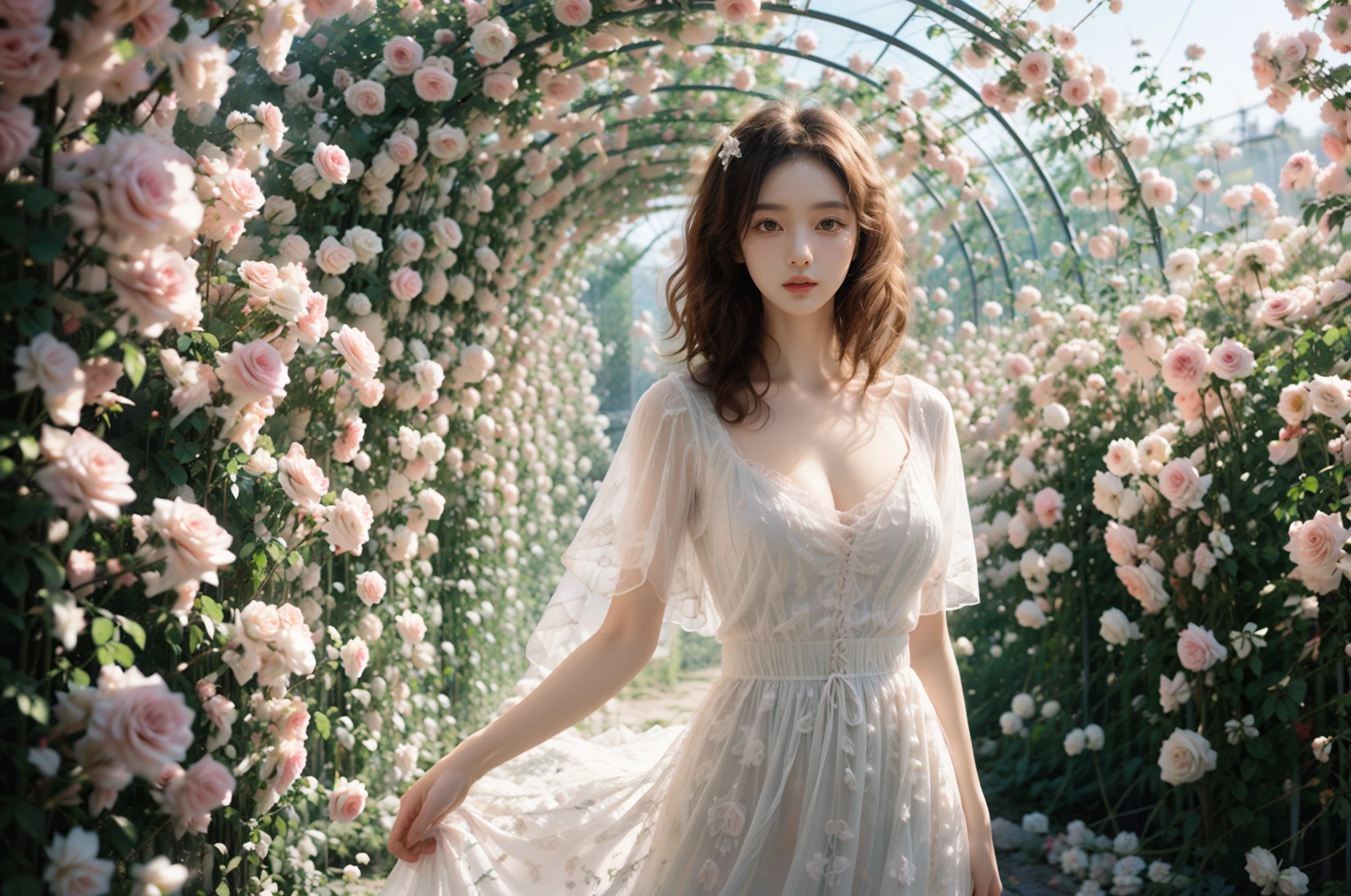 photography,(a holy and beautiful girl:1.2),(wife:1.3),(goddess:1.2),(wearing a white wedding dress:1.2),(sheer texture:1.1),(pygal:1.2),(cleavage:1.1),(bustle:1.1),(headdress:1.1),marry,happiness,(smile:1.1),
<lora:Flower Tunnel_20231201005206-000018:0.76>,Flower Tunnel,(brilliant roses:1.2),(rim light:1.1),<lora:è±ç°é_v1.0:0.5>,, (masterpiece:1,2), best quality, masterpiece, highres, original, extremely detailed wallpaper, perfect lighting,(extremely detailed CG:1.2ï¼