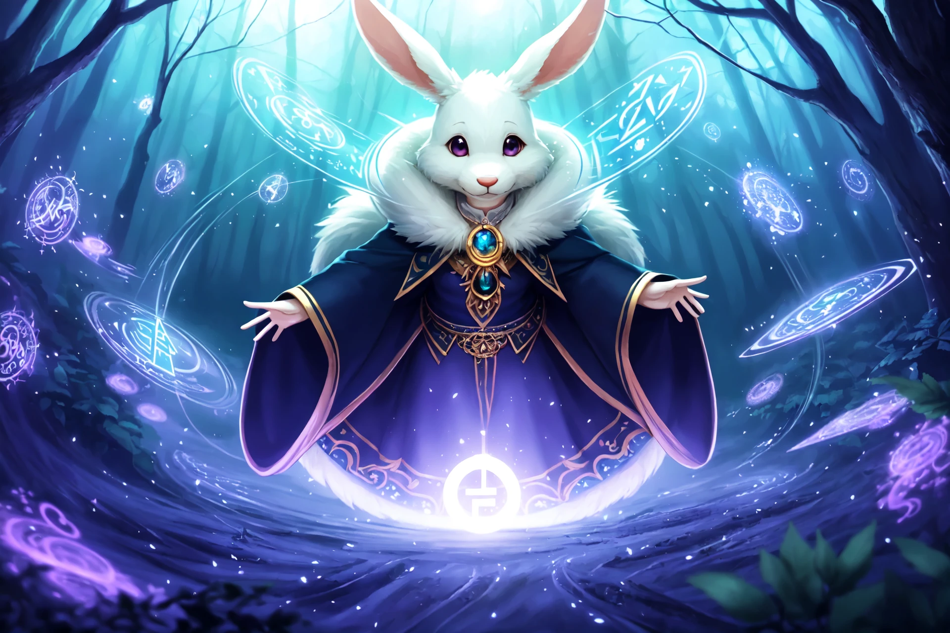 haru, furry female anthro, rabbit girl, white fur, petite, (body fur:1.2), detailed fluffy fur, smile, black eyes, (chibi:0.9), many rings, cute, adorable, (shirt),
best quality, masterpiece, illustration, ultra-detailed, beautiful detailed eyes, (1girl:1.3),
magician, enchanting spell, high-angle view, magical forest, otherworldly beauty, casting pose, invocation effects, soft and ethereal light, fantastical atmosphere, mystical creatures, empowering allies, enhancing abilities, elemental magic, swirling energy, pulsating aura, determination, support, vibrant colors, glowing runes, levitating, swirling leaves, teamwork, magical bonds, protective shield, guiding light, shimmering particles, enchanted surroundings, harmony with nature, hope, wisdom, ancient secrets, celestial beings, arcane knowledge, mystic symbols, spellcasting, elemental forces,
([Very Dark], extreme contrast),
vibrant colors, contrast,
soft lighting, soft shadows, detailed textures, dynamic lighting,
<lyco:haru-v1-locon:0.6>