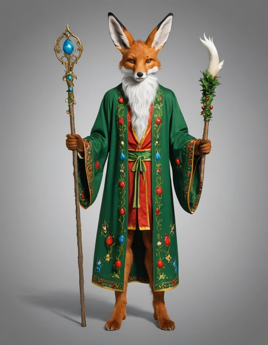 A humanoid figure with rabbit ears and fox tail. Holding a staff and wearing a robe. Fantasy art., "wearing an xmas suit"