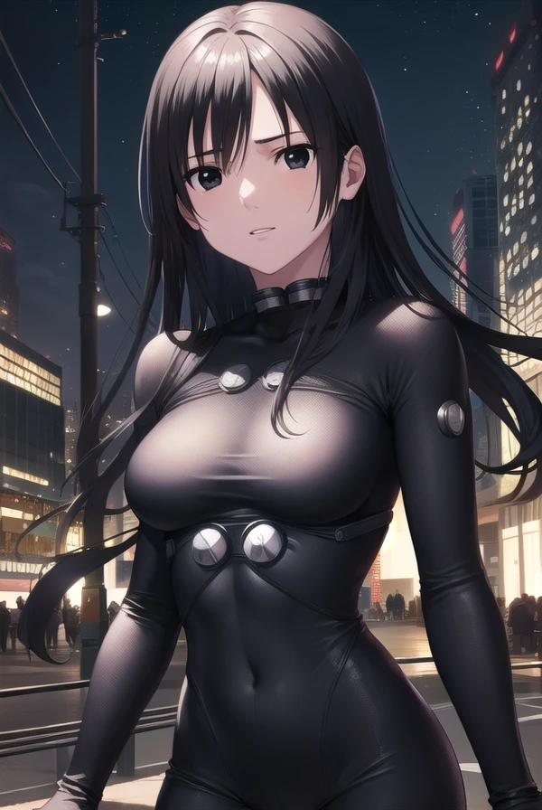 reikashimohira, <lora:reika shimohira manga-lora-nochekaiser:1>,
reika shimohira, long hair, black hair, (black eyes:1.5),
BREAK bodysuit, black bodysuit,
BREAK outdoors, city, night, sky, starry sky, moon,
BREAK looking at viewer, (cowboy shot:1.5),
BREAK <lyco:GoodHands-beta2:1>, (masterpiece:1.2), best quality, high resolution, unity 8k wallpaper, (illustration:0.8), (beautiful detailed eyes:1.6), extremely detailed face, perfect lighting, extremely detailed CG, (perfect hands, perfect anatomy),