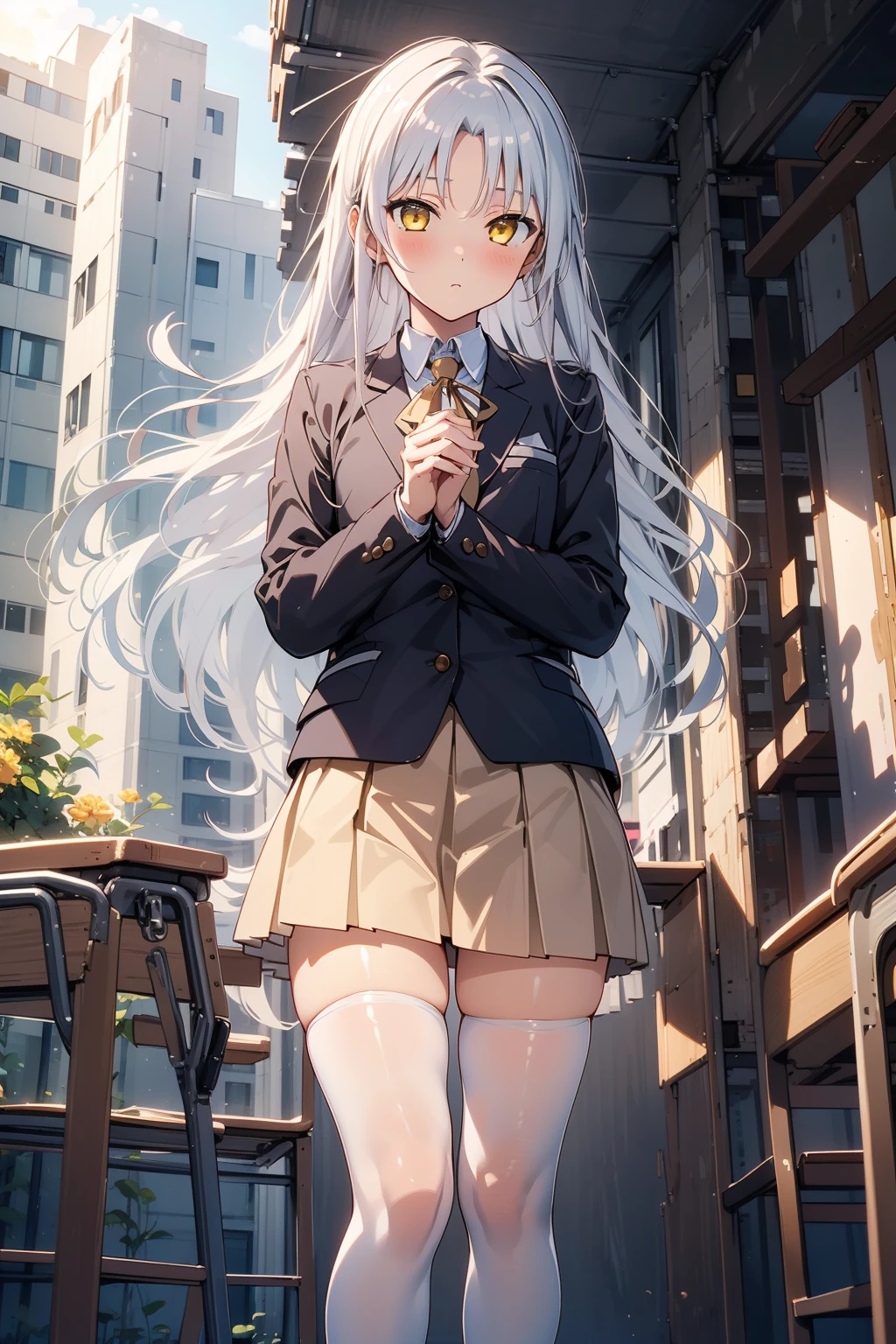 1girl, solo, BREAK outdoors, looking at viewer, (masterpiece:1.2), best quality, high resolution, unity 8k wallpaper, (illustration:0.8), (perfect hands, perfect anatomy), standing, blush, shiny hair, shiny skin, (parted bangs:1.2), kanade tachibana, silver hair, long hair, bangs, yellow eyes, school uniform, blazer, skirt, white petticoat, shoes, white thigh-highs, expressionless,  from below