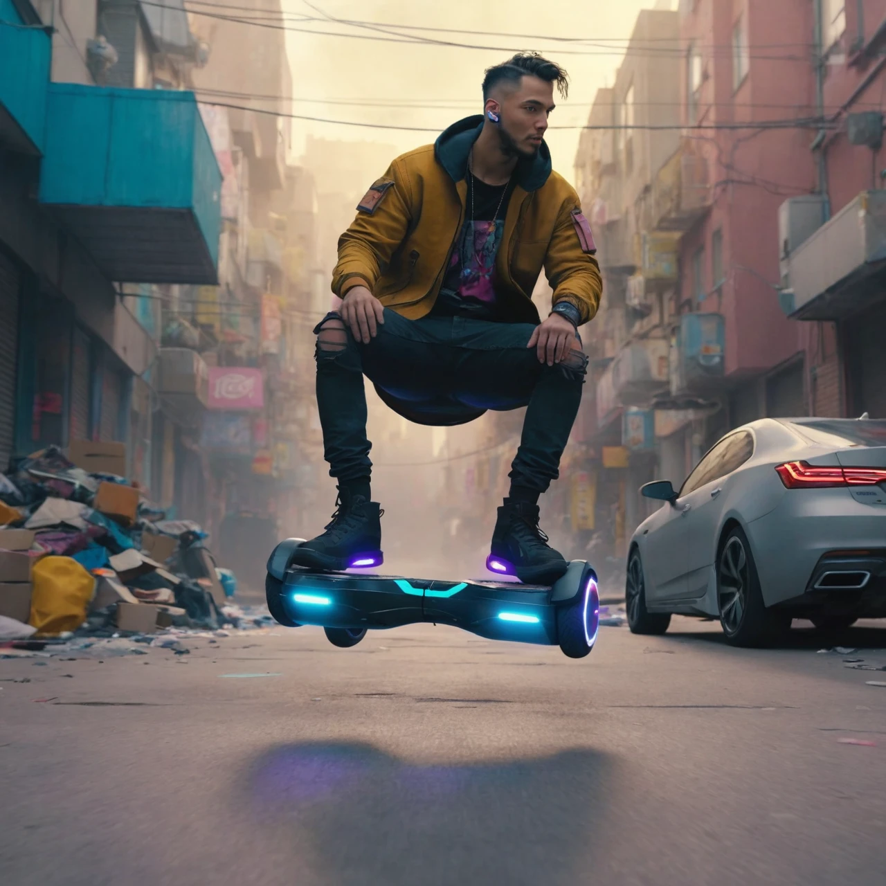 cyberpunk man floating on a hoverboard down a trashy cluttered street, cyberpunk setting, ((futuristic technology)), full body view, soft natural lighting, intricate detail, colorful