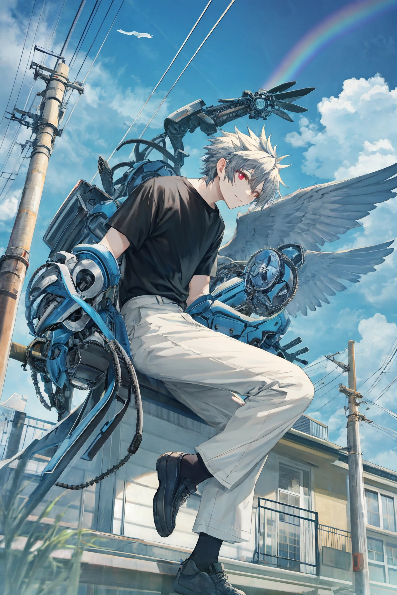 scenery, cloud, outdoors, sky, rainbow, house, blue sky, power lines, utility pole, day, building, tree, cloudy sky, cumulonimbus cloud, bird, solo, shirt, white shirt, summer, school uniform, artist name, short sleeves, skirt ,1boy, male focus, solo, black background, mechanical arms, white hair, smile, pants, single mechanical arm , fire, wings, white pants, black shirt, simple background, full body, armor, jacket, red eyes , shirt, shoes
<lora:TorinoEX-000062:1>, <lora:ç»ä¸½çå
å½±:0.2>,<lora:add_detail:0.35>, <lora:adaptedmodel:0.35>