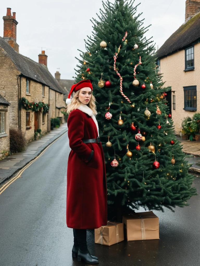 Vanessa Kirby standing in a street in an English village at Christmas, Christmas tree <lora:Vanessa Kirby-000002:0.8>