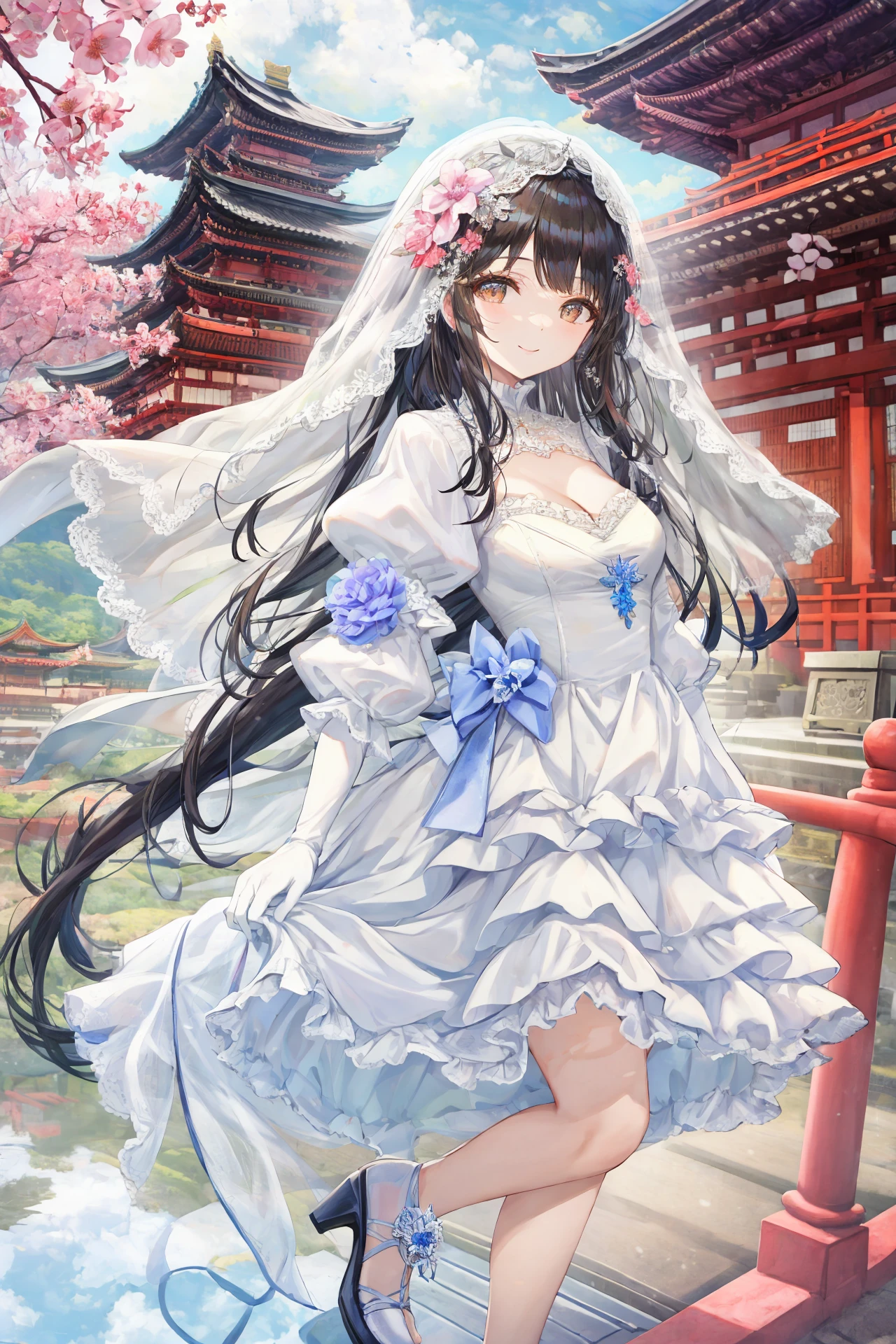 scenery, tree, east asian architecture, architecture, outdoors, reflection, building, nature ,1girl, dress, solo, long hair, white dress, full body, black hair, breasts, veil, high heels, cleavage, very long hair, white footwear, parted bangs, white gloves, gloves, white background, looking at viewer, bangs, long sleeves, flower, hair ornament, puffy sleeves, bridal veil, wedding dress, layered sleeves, elbow gloves, frills, smile, medium breasts
<lora:TorinoEX-000062:1>, <lora:ç»ä¸½çå
å½±:0.2>,<lora:add_detail:0.35>, <lora:adaptedmodel:0.35>