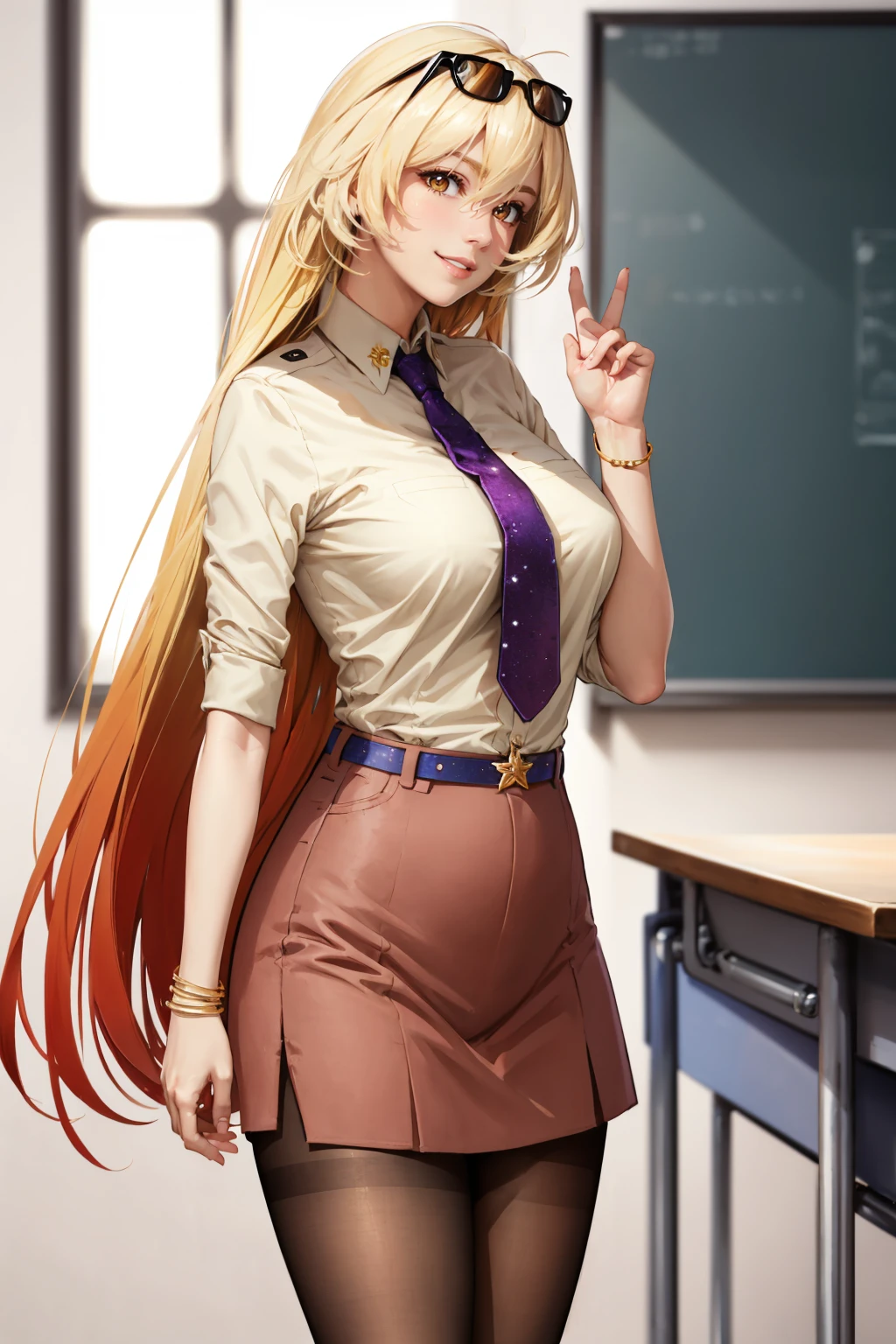 masterpiece, best quality,  <lora:sunsensei-nvwls-v1-000008:0.9> sunsensei, gradient hair, sunglasses, eyewear on head, collared shirt, sleeves rolled up, necktie, brown skirt, belt, pantyhose, bracelet, large breasts, standing, classroom, looking at viewer, profile, smile