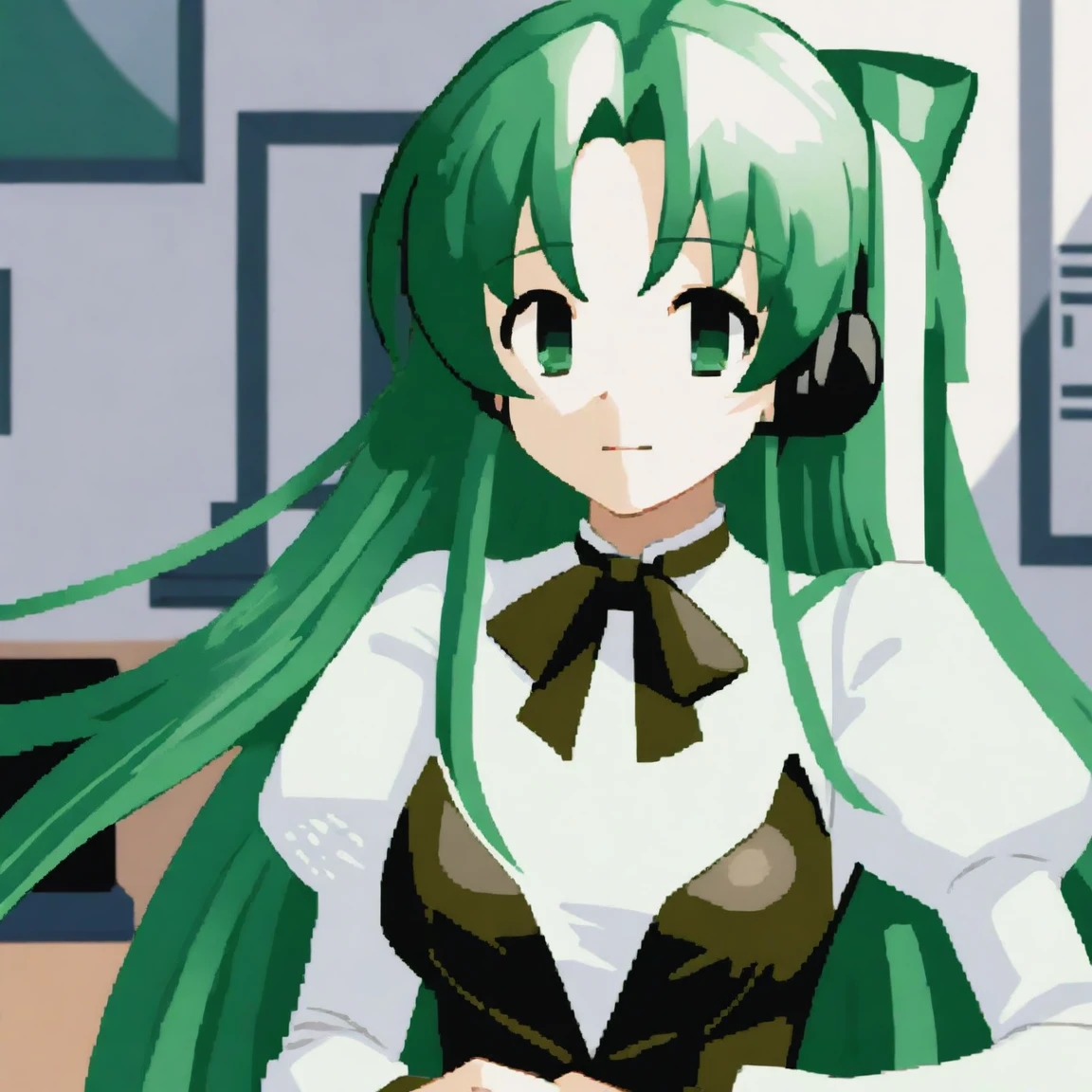<lora:lcm-lora-sdxl:1> <lora:fiaa-000045-antes:0.95> pixel art, close up, anime style, adult woman, long green hair, ribbon on hair, white shirt with puffy long sleeves, strapless leather vest, fingerless mittens, using a headset, working inside an office